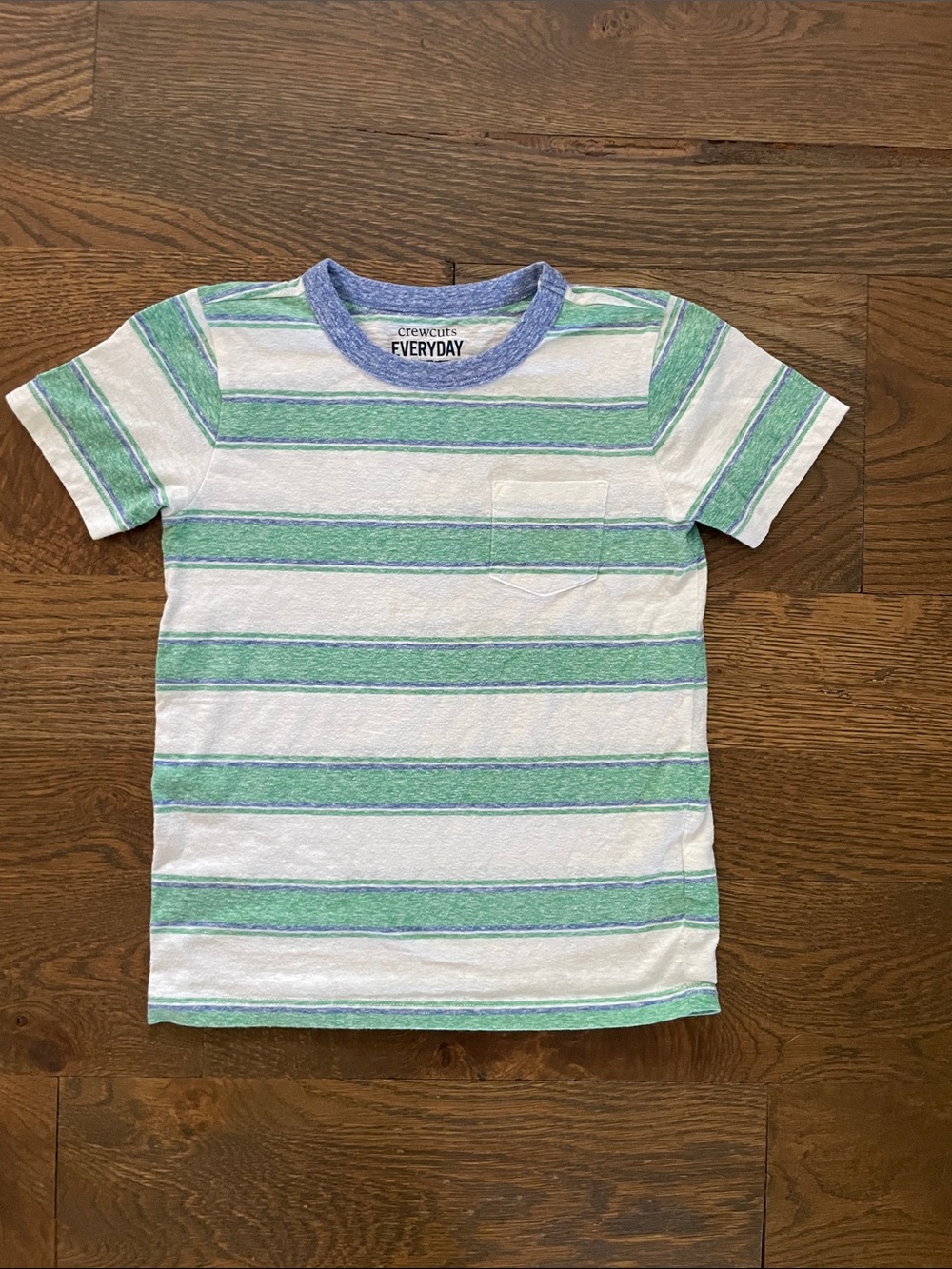 Crewcuts Striped Pocket Tee in White, Green & Blue Trim